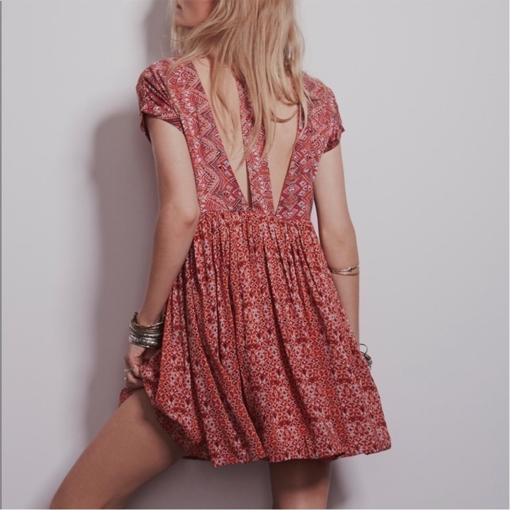Free People Sundown Babydoll Dress Spilt Open Back Flowy Aztec Print - Picture 4 of 7